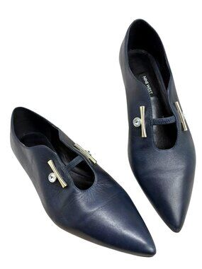Retro Nine West Above All Navy Leather Pointy T Bar Mary Jane Flats